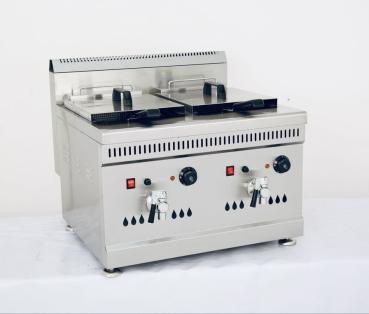 Preview: Propangas-Doppel-Fritteuse LPG (  2 X 14 LITER  ) Ideal um große Mengen in kurzer Zeit zu frittieren. Lieferung inclusive Druckminderer und Gasschlauch